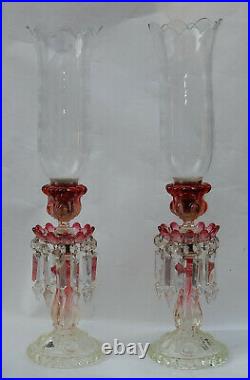 1950/70 Paire de Bougeoirs En Cristal Opalescent Et Rouge Photophores Baccarat
