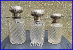 3 Flacons Cristal Baccarat Modele Cotes Torses Bouchons Metal Argenté 1900