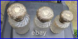 3 Flacons Cristal Baccarat Modele Cotes Torses Bouchons Metal Argenté 1900
