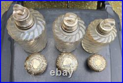 3 Flacons Cristal Baccarat Modele Cotes Torses Bouchons Metal Argenté 1900