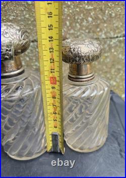3 Flacons Cristal Baccarat Modele Cotes Torses Bouchons Metal Argenté 1900