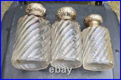 3 Flacons Cristal Baccarat Modele Cotes Torses Bouchons Metal Argenté 1900