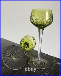 6 Grands Verres Roemers En Cristal Doublé Vert Mousse Taillé Baccarat 19,2 Cm 1