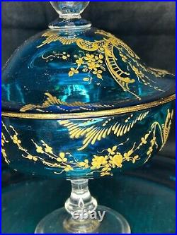 Art XIXè Baccarat Compotier sur plateau Cristal bleu émaillé Japonisant