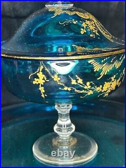 Art XIXè Baccarat Compotier sur plateau Cristal bleu émaillé Japonisant