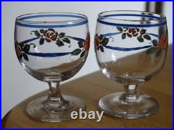 BACCARAT CRISTAL 2 ANCIENS VERRES A LIQUEUR 1920 DECOR FLEURS EMAILLER ht 5,2 cm