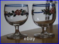 BACCARAT CRISTAL 2 ANCIENS VERRES A LIQUEUR 1920 DECOR FLEURS EMAILLER ht 5,2 cm