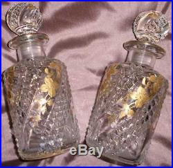 Baccarat 2 Flacons cristal pointes de diamants & fleurs dorées Art Nouveau
