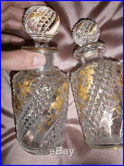 Baccarat 2 Flacons cristal pointes de diamants & fleurs dorées Art Nouveau