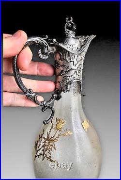 Carafe Aiguiere Cristal Givré+etain Chardons Dore Daum Baccarat Art Nouveau 1900