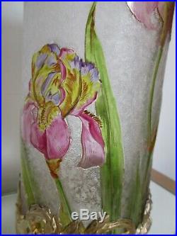 Exceptionnel Vase aux Iris dégagé à l'acide BACCARAT monture laiton Art Nouveau