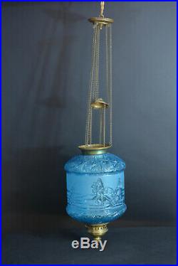 Lampe Lanterne signée Baccarat Bleu pétrole Russian Troika hanging lantern 19e