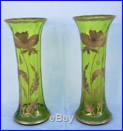 Paire de vases cristal baccarat vert décor floral a l'or ART NOUVEAU