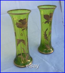 Paire de vases cristal baccarat vert décor floral a l'or ART NOUVEAU