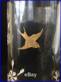 Rare Vase Emaillé En Cristal Decor Hirondelle Baccarat 19 Eme Antique Vase 19th
