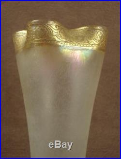 Superbe Vase Soliflore En Cristal Givré A L'acide Emaillé D'or Baccarat St Louis