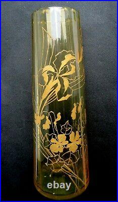 Vase Art Nouveau cristal BACCARAT ouraline miel émaillé LEGRAS Iris + violettes