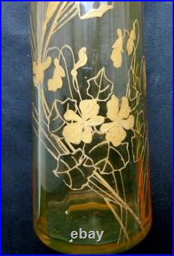 Vase Art Nouveau cristal BACCARAT ouraline miel émaillé LEGRAS Iris + violettes